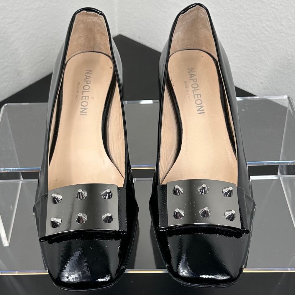 Napoleoni Women Black Patent Studded Block Heel Pumps Size 9 Preowned - Picture 2 of 11